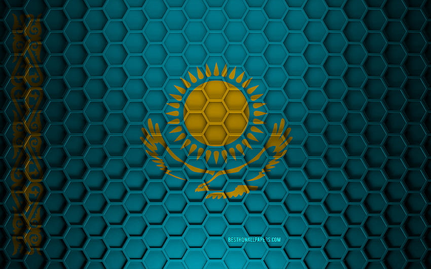 Bandera de Kazajstán, textura de hexágonos 3d, Kazajstán, textura 3d, bandera de Kazajstán 3d, textura de metal, bandera de Kazajstán fondo de pantalla