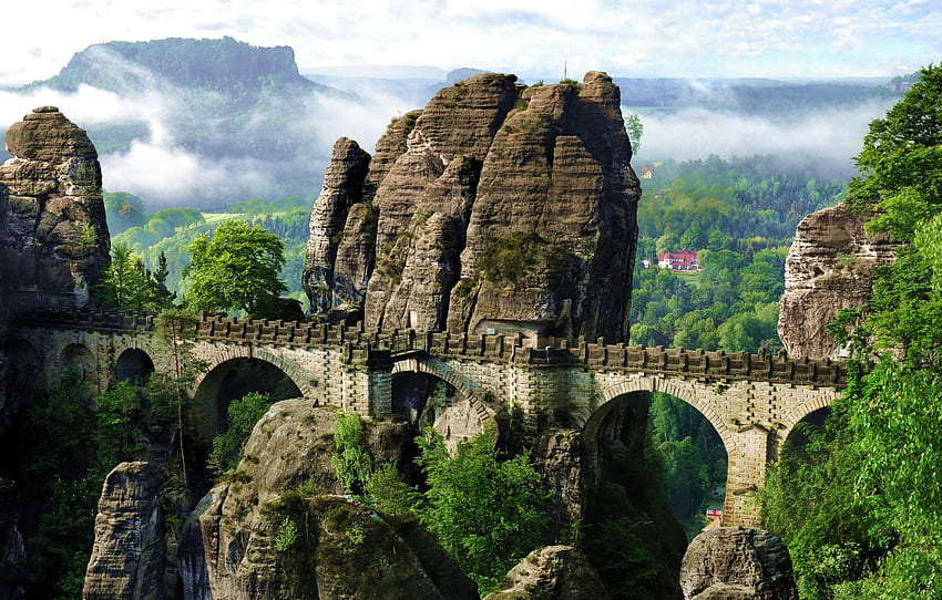 r, พาโนรามา, เยอรมนี, หลายจอ, เยอรมนี, อัลตร้า , สะพาน bastei, ภูเขา Elbe, The Bridge Bastei สำหรับ , ส่วน пейзажи, Deutschland วอลล์เปเปอร์ HD