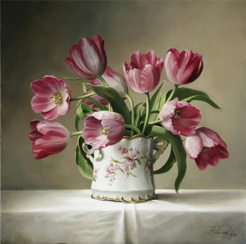 Mata Cantik, beraneka ragam, merah muda, putih, vas porselen, lukisan, taplak meja, tulip, anggur Wallpaper HD