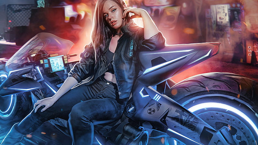 Cyberpunk Biker Girl, arte do motociclista papel de parede HD