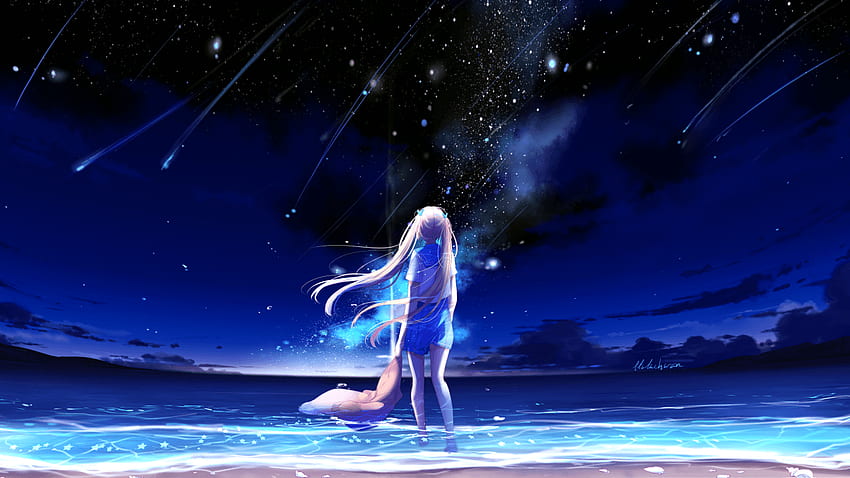 Anime girl, Night, Sea, Beach, Blue, , Anime, Anime Space Girl HD wallpaper