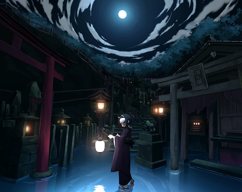 Под лунната светлина, японски дрехи, кимоно, маска, храм, момиче, аниме момиче, аниме, луна, оригинал, облаци, небе, вода HD тапет