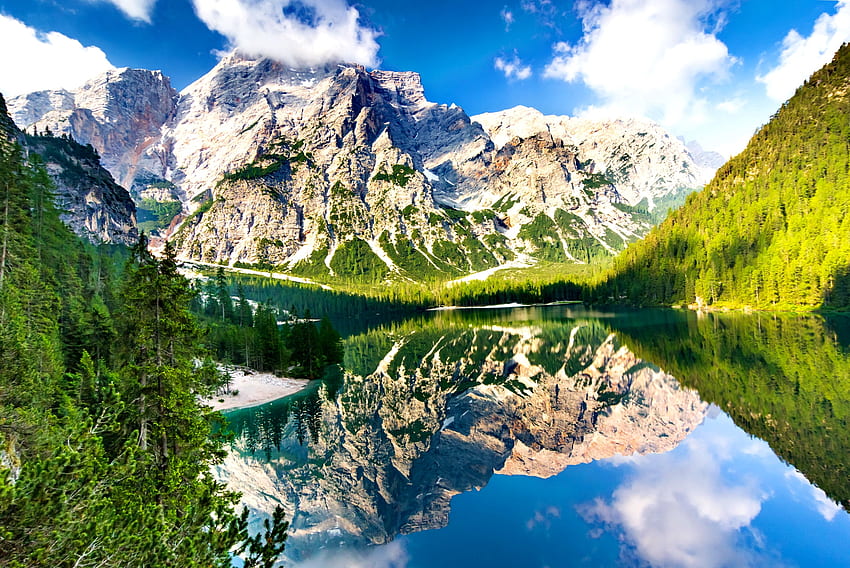 Lake Braies, hills, Braies, landscape, beautiful, Italy, rocks, serenity, tranquil, mountain, lake, reflection, cliffs HD wallpaper