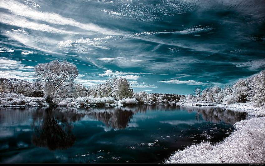 Balance, river, white, snow, trees, water, lake, ocean HD wallpaper