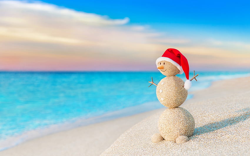 Sandman?, зима, море, синьо, пясък, плаж, лято, снежен човек, червено, iarna, смешно, вода, шапка, Дядо Коледа, Вара HD тапет