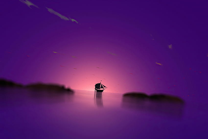 Barco de cúpula púrpura, puesta de sol, paisaje marino, mínimo fondo de pantalla