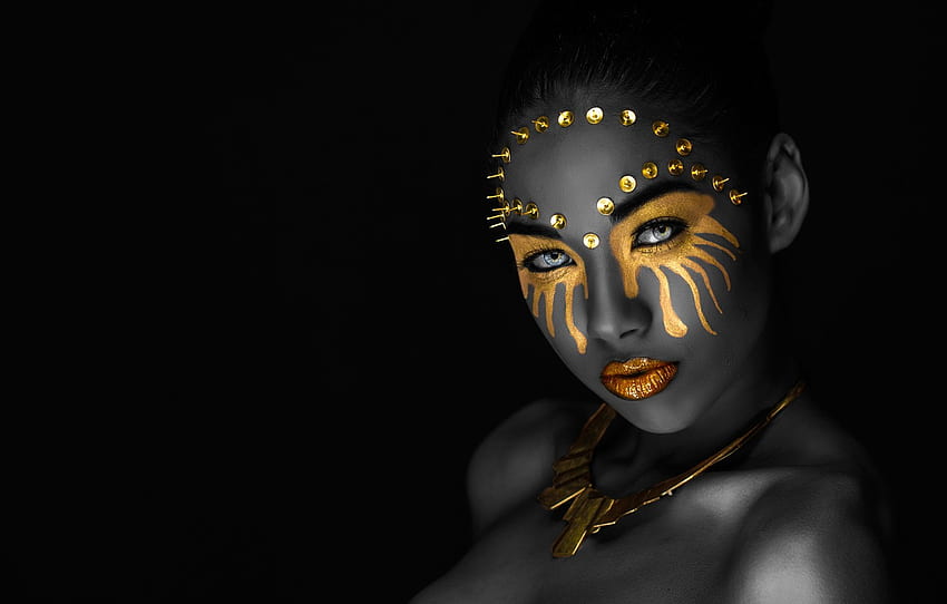 eyes, look, girl, decoration, face, style, portrait, treatment, makeup, mask, button, lips, black, , mulatto, gold for , section стиль, Gold Lips HD wallpaper