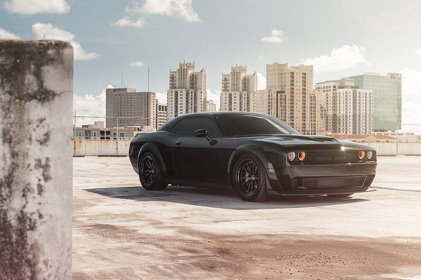 Muscle car, noir, Dodge Challenger SRT, vue de côté, 2019 Fond d'écran HD
