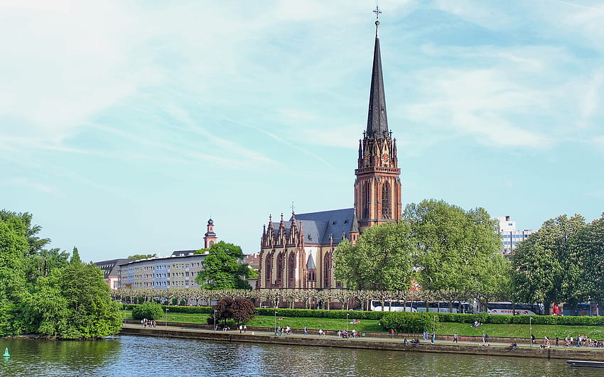 Church in Germany, river, Germany, Main, church, Frankfurt HD wallpaper