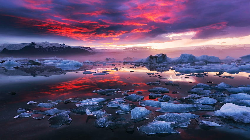 Laguna Glasial, Islandia, langit, air, es, laut, warna, awan Wallpaper HD
