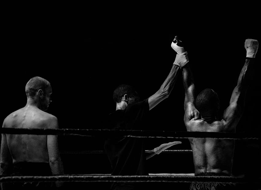 Grayscale graphy of Man Holding Boxer's Hand Inside Battle, Boxing Champion HD wallpaper