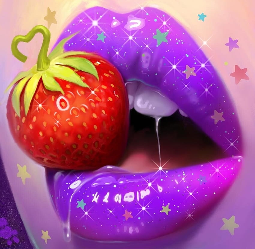 Lips, purple, strawberry, art, fantasy, red, harsh taggar, mouth, fruit HD wallpaper