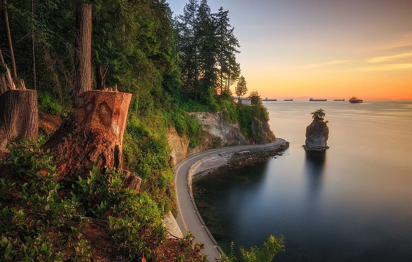 road, sea, forest, rock, coast, Canada, Vancouver, Canada, British Columbia, Stanley Park, Vancouver, British Columbia, Bay Burrard, Burrard Inlet, Stanley Park, Siwash Rock for , section пейзажи - HD wallpaper