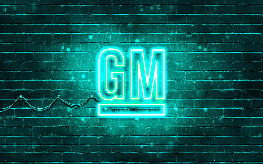 General Motors turquoise logo, , turquoise brickwall, General Motors logo, cars brands, General Motors neon logo, General Motors HD wallpaper