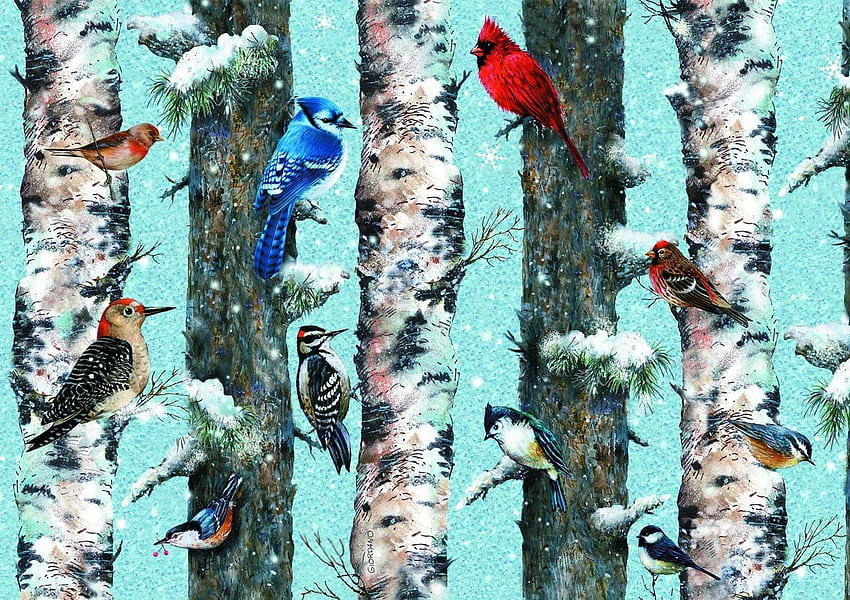 Birds, pictura, forest, pasari, tree, blue, winter, art, bird, painting, iarna, snow HD wallpaper
