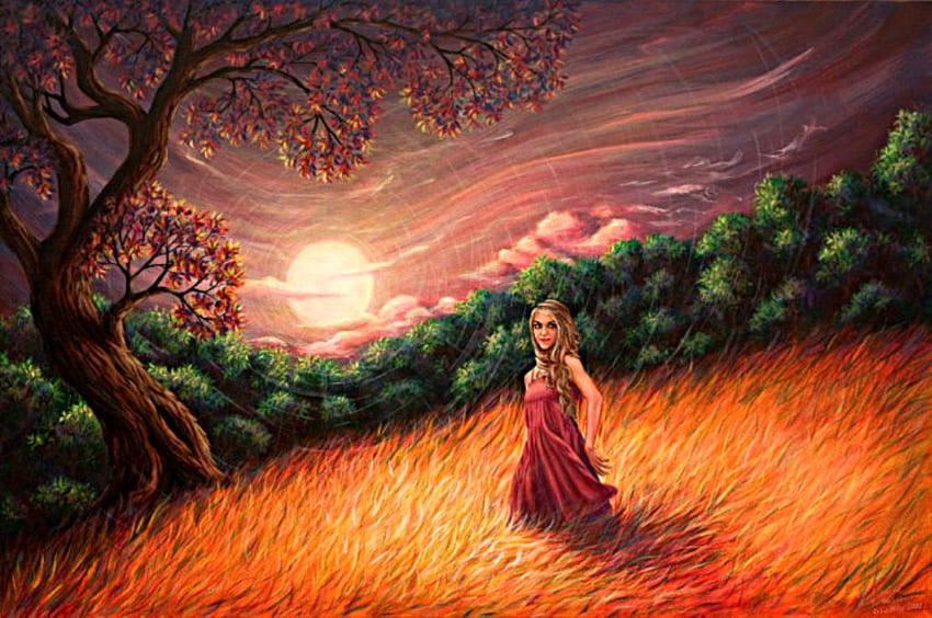 Evening Warmth, night, girl, tree, woman, lady, 3d, moon, fantasy, abstract, cg, nature, evening HD wallpaper