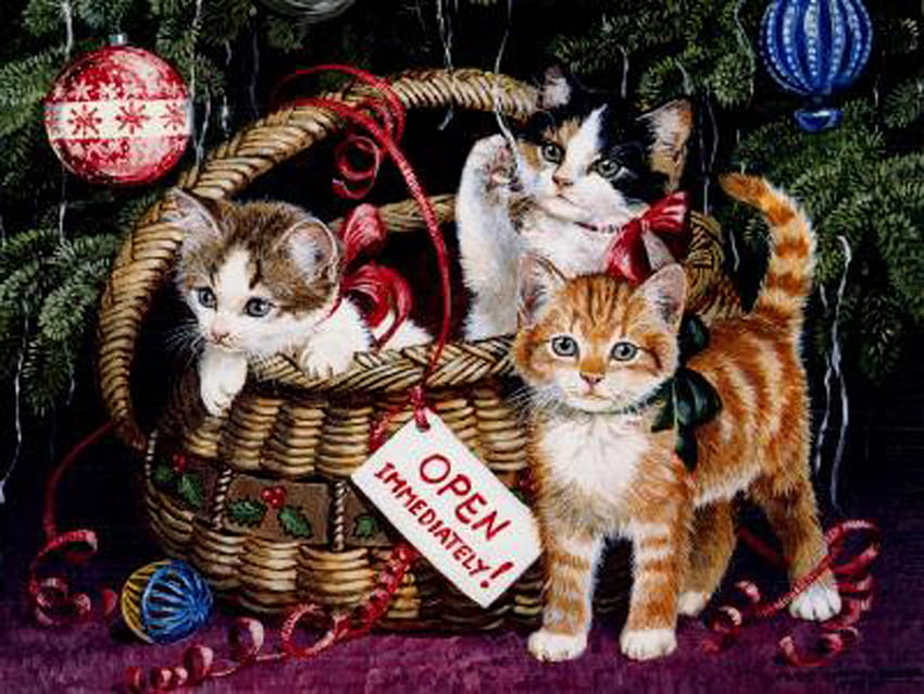 クリスマスの子猫、子猫、バスケット、絵画、クリスマス、猫 高画質の壁紙