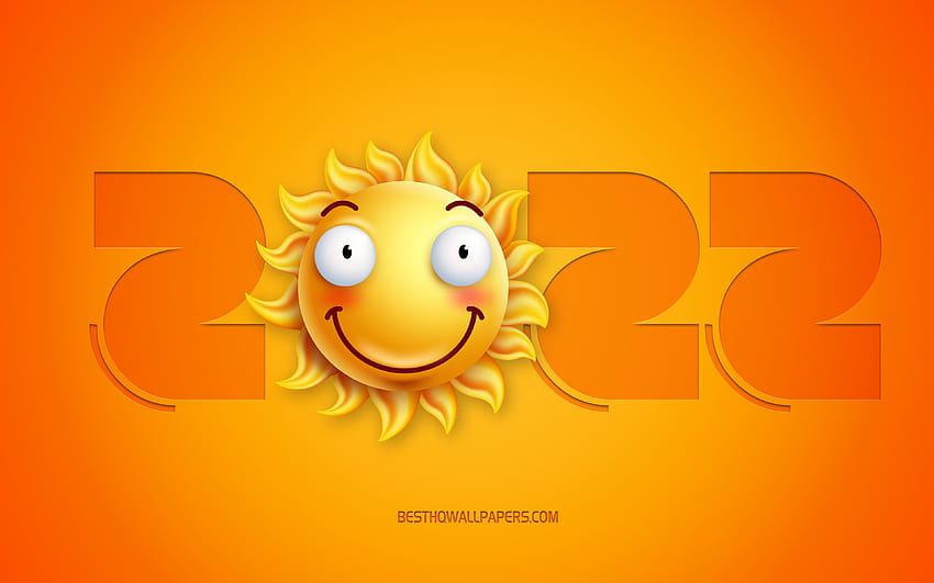 2022 New Year, , Happy New Year 2022, 3d sun smile, 2022 concepts, 2022 yellow 3d background, sun smiley emotions, 2022 sun background HD wallpaper