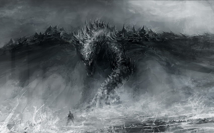Lukisan abu-abu monster laut, seni fantasi, naga Wallpaper HD