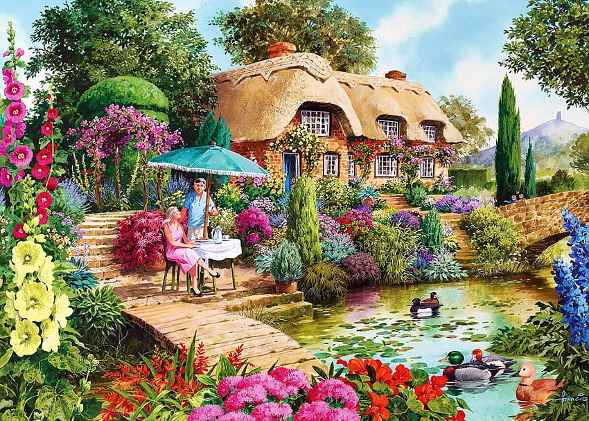 Die kleinen Schätze, Stuhl, Enten, Tisch, Treppe, Blumen, Häuschen, Menschen, Teich HD-Hintergrundbild