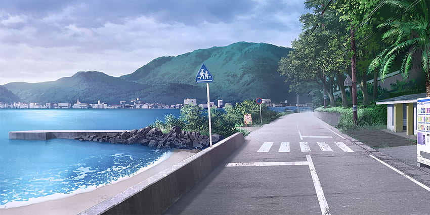 / Landschaft, Anime, Straße, Schild, Küste, Japan, Getränkeautomat, Berge, Straße HD-Hintergrundbild