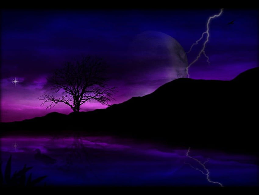 Sky: PURPLE NIGHT Moon Tree Mountains Star Lightning Sky HD wallpaper