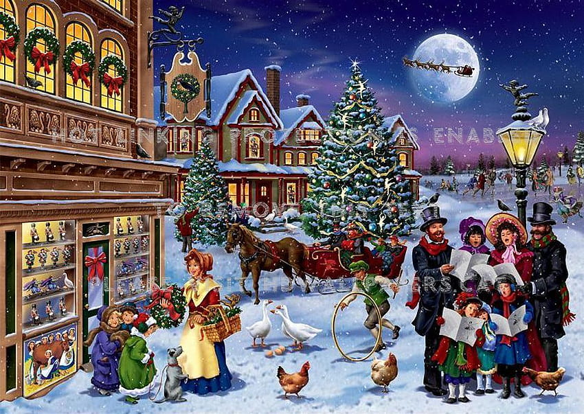 victorian christmas in town houses snow HD wallpaper