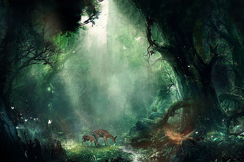 A4 포스터 - 장엄한 녹색 숲에서 먹는 사슴 2마리(동물 프린트 아트). 판타지 풍경, 정글, 사슴 HD 월페이퍼