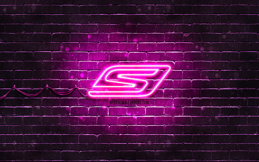 Skechers mor logosu, mor brickwall, Skechers logosu, markalar, Skechers neon logosu, Skechers HD duvar kağıdı