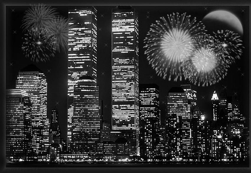 Twin Towers BnW, fireworks, black n white, 3d, twin towers, 9-11 HD wallpaper