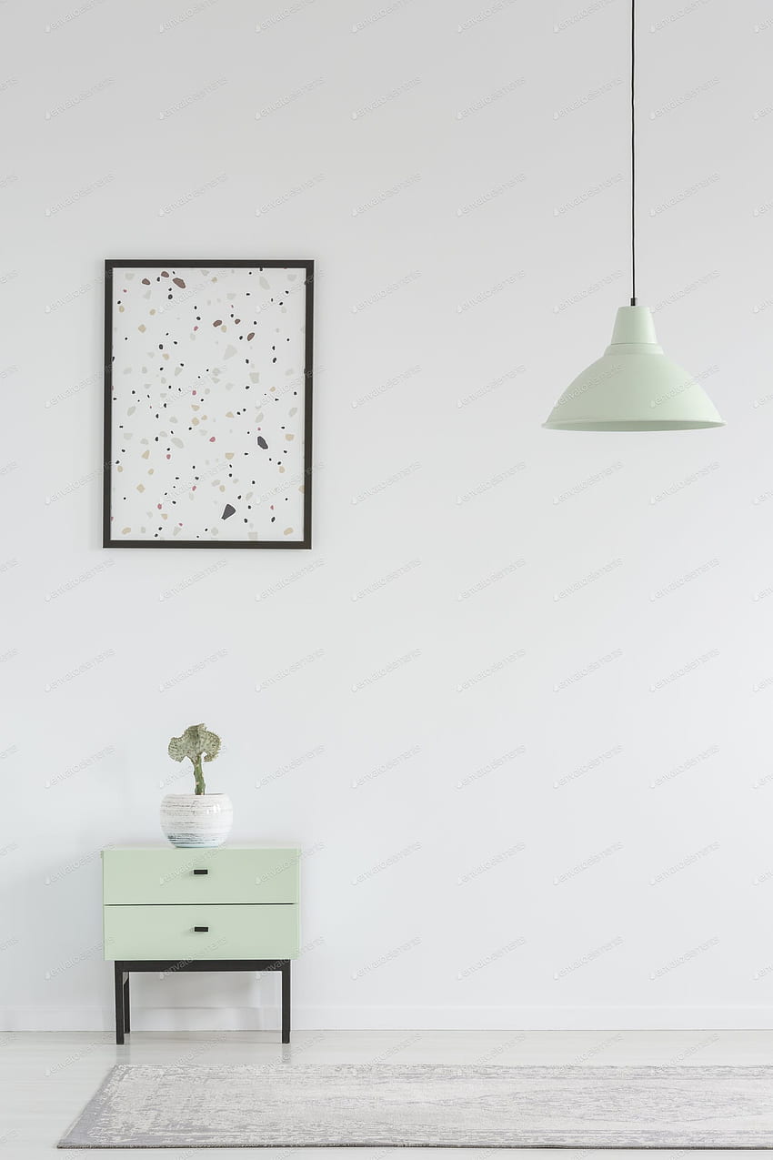 Poster di atas kabinet dengan tanaman di ruang tamu minimalis putih oleh bialasiewicz di Envato Elements, White Minimalist Plant wallpaper ponsel HD