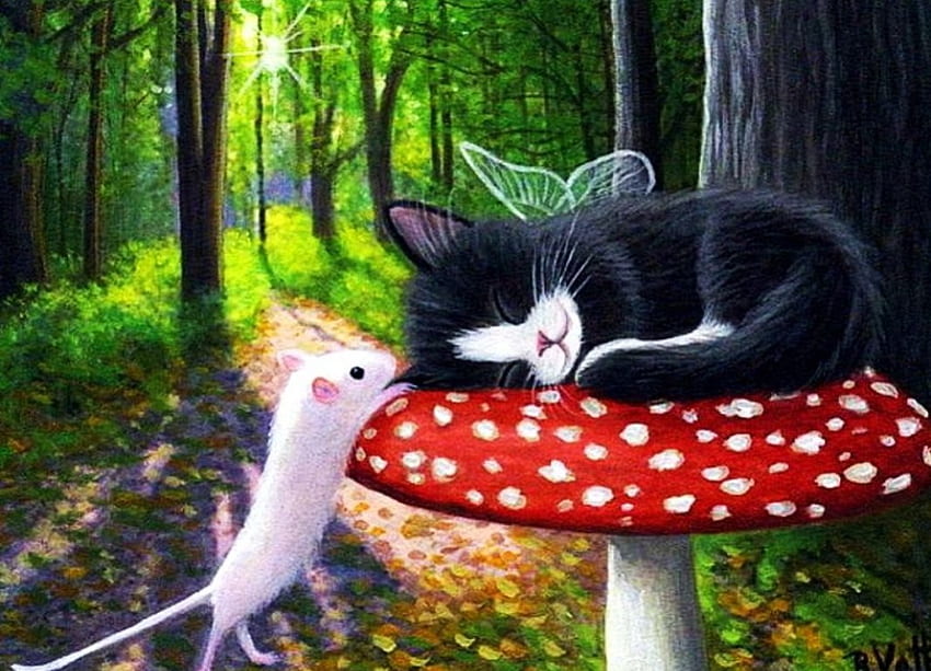 Sleep Well, artwork, painting, kitty, mouse, mushroom, forest HD wallpaper