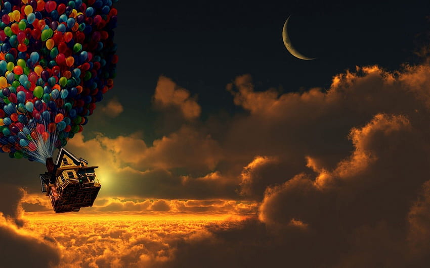 Up (movie), Sunset, Balloons, House, Moon, Crescent Moon, New Moon HD wallpaper