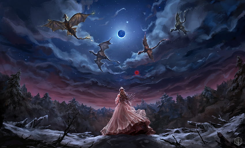 Elf lady and dragons, elf, blue, night, view from down, frumusete, art, ameera sheikh, girl, pink, fantasy, dragon, sky, luminos HD wallpaper