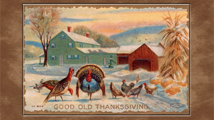Karta Vintage Dziękczynienia, Vintage, Święto Dziękczynienia, śnieg, Farma, Indyki Tapeta HD