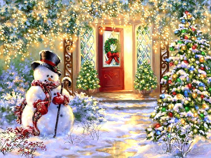 Christmas Lights, winter, holidays, winter holidays, paintings, houses, snowman, love four seasons, Christmas Tree, door, Christmas, snow, lights, deer, xmas and new year, home HD wallpaper