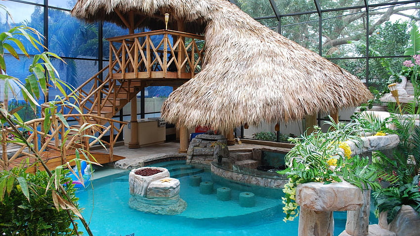 Rumah kaca, tanaman, atap jerami, air, kolam Wallpaper HD