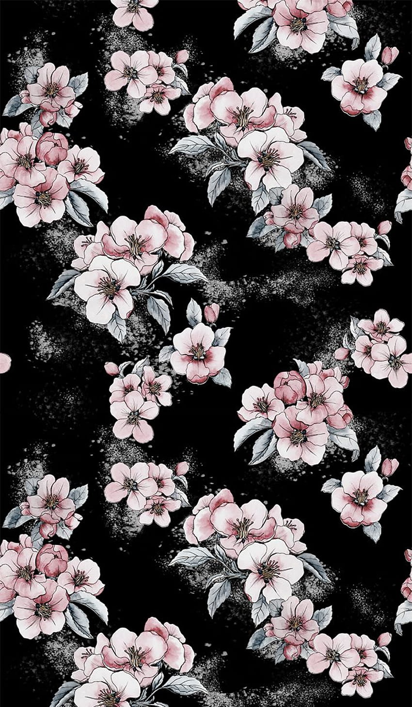 Patrón floral oscuro de moda de flores de manzana. Los motivos botánicos se encuentran dispersos al azar. Estampado floral, floral vintage, de arte, Floral rosa negro fondo de pantalla del teléfono