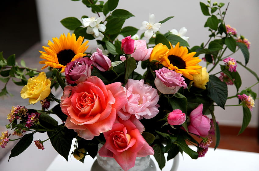 Flowers, Sunflowers, Roses, Bouquet, Vase, Composition, Jasmine HD wallpaper