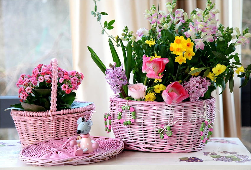 Flowers, Tulips, Narcissussi, Rose Flower, Rose, Mouse, Basket, Hyacinths, Baskets, sia HD wallpaper
