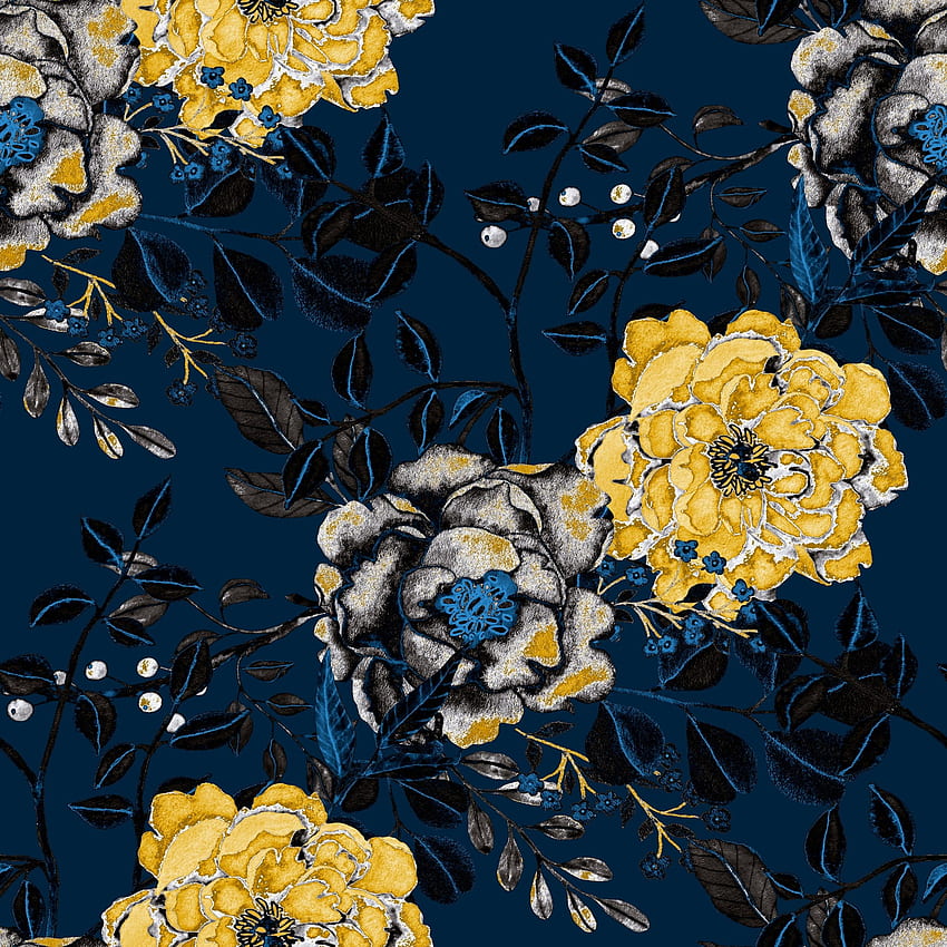 Removible floral botánico vintage azul marino - 24'' pulgadas x 10'ft - Remanente, azul marino y amarillo fondo de pantalla del teléfono