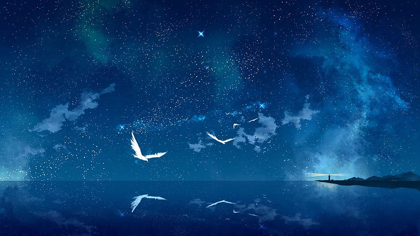 Pájaros blancos volando sobre el agua azul del océano - Espejo mágico. Sol. Cielo nocturno, paisaje de anime, paisaje fondo de pantalla