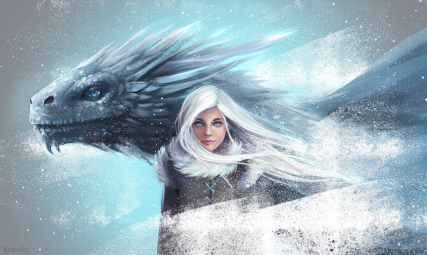 Daenerys and the Ice Dragon、冬、青、ジュリア・タラノワ、デナーリス・ターガリエン、女の子、ファンタジー、イアルナ、ドラゴン、ゲーム・オブ・スローンズ、氷 高画質の壁紙