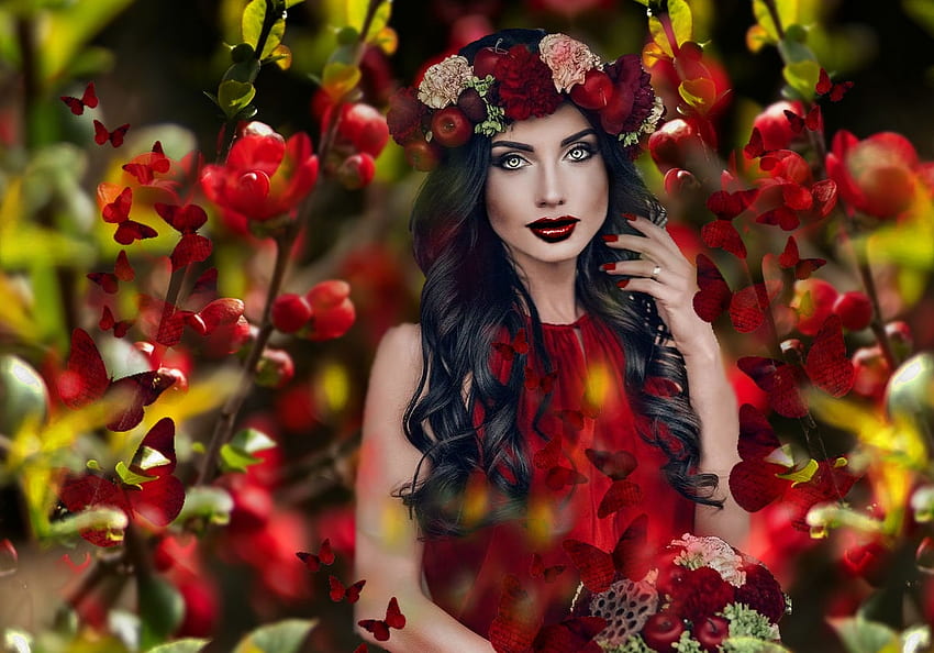 Ruby Red, green, red, butterflies, bright, yellow, flowers, beauty HD wallpaper