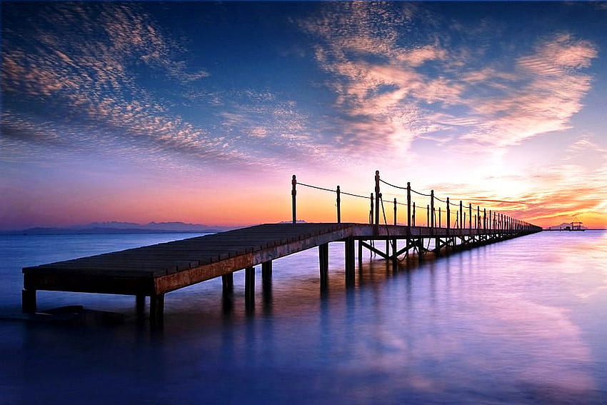 At Sunrise, blue, graphy, sunrise, lake, bridge, clouds, sky, water, sun, sunset, ocean HD wallpaper