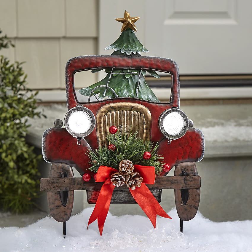 Vintage Truck Christmas Garden Stake with Solar Lights, Faux Tree and Pinecones HD phone wallpaper