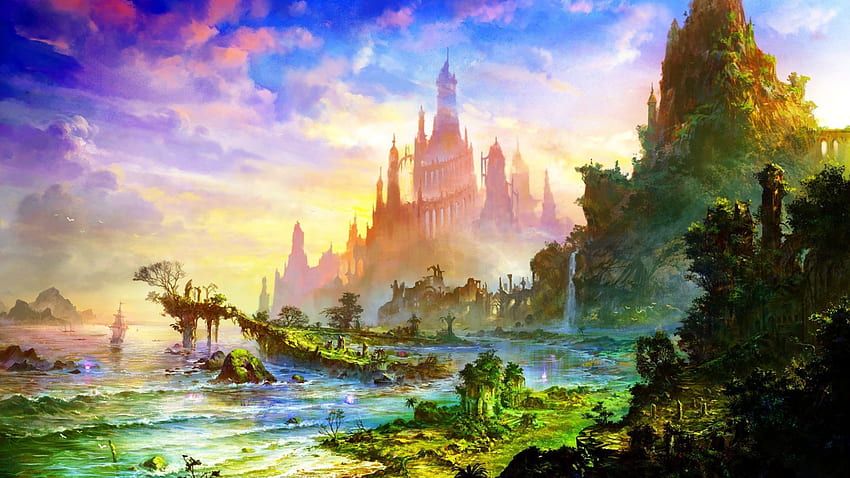 Świat fantasy, malarstwo, sztuka, fantazja, bank - fantastyczny zamek - i tło Tapeta HD