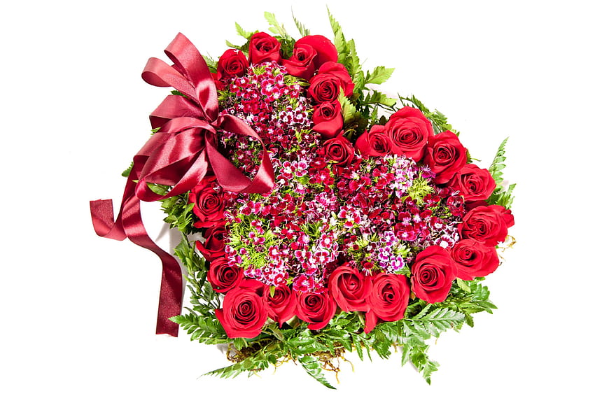 ~~ SPECIAL PRESENT ~~, tiny flowers, heart shaped, floral design, special event, bright, passion, merry christmas, red ribbon, entertainment, ribbon, boew, magnificent, fresh, satin, love, green, red roses, forever HD wallpaper