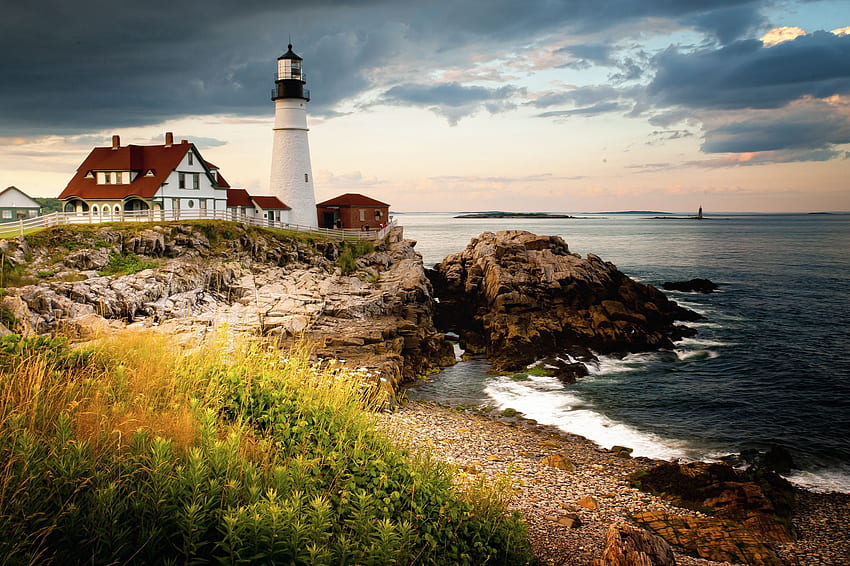 USA Cape Elizabeth Maine Nature Lighthouses Coast HD wallpaper