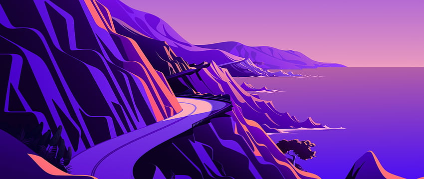 Linia brzegowa, przełęcz, droga, zmierzch, zachód słońca, sceneria, przyroda, neonowa fioletowa góra Tapeta HD